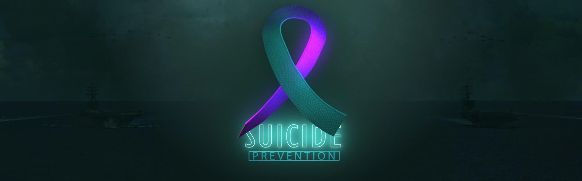 Teal and purple 3-D ribbon superimposed over the words "Suicide Prevention"