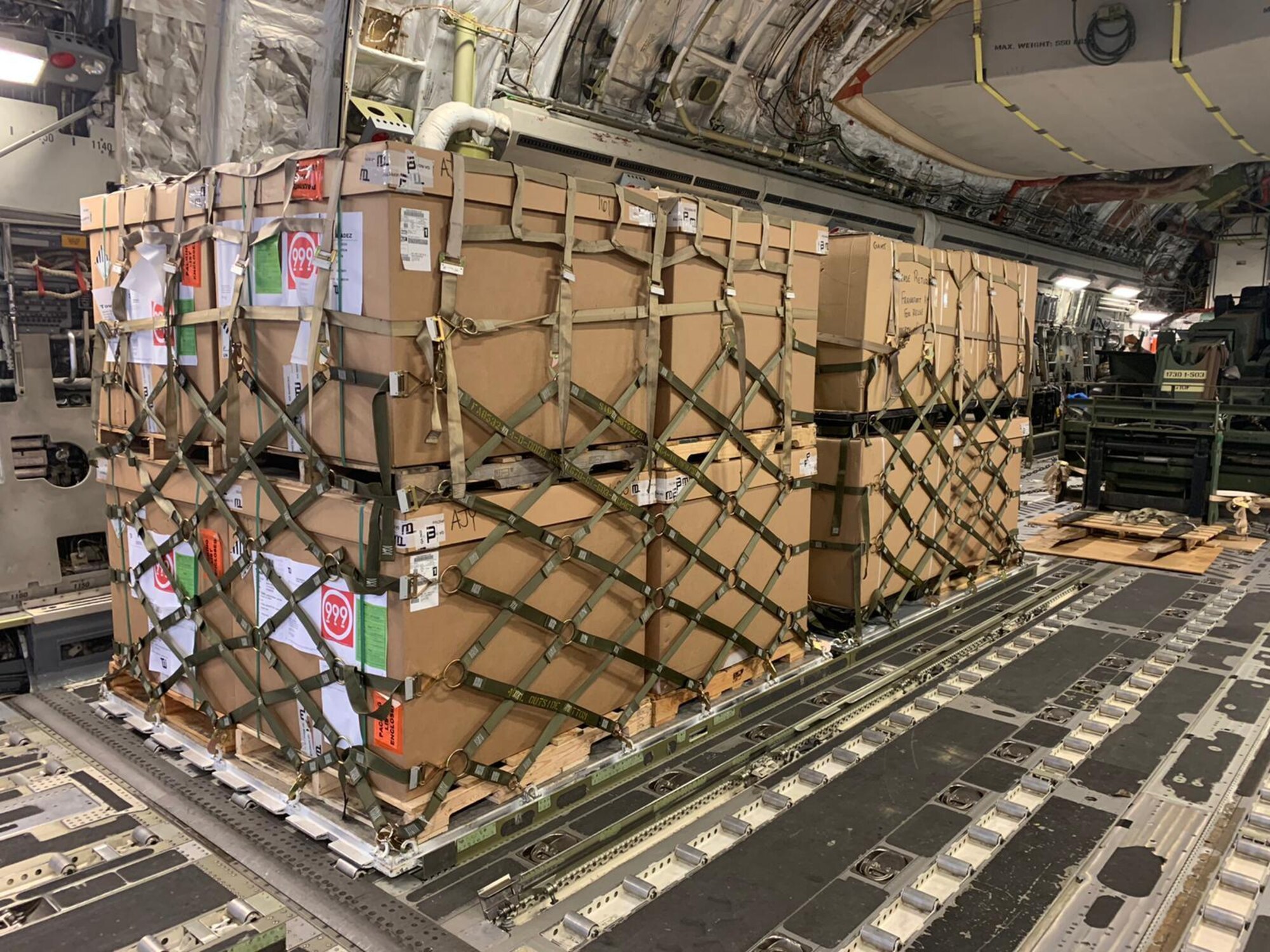 Food rations sit on a pallet inside a C-17 Globemaster III at Ramstein Air Base, Germany, Nov. 26, 2020.