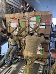 Airmen from the 721st Aerial Port Squadron push a pallet off an aircraft at Ramstein Air Base, Germany, Nov. 26, 2020.