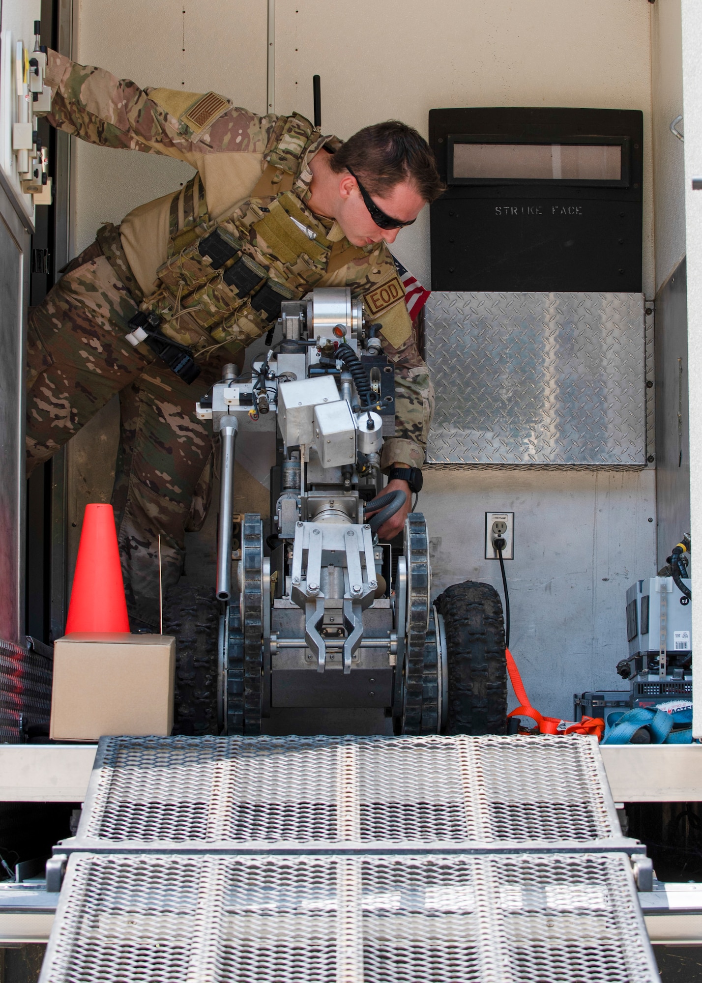 Airman First Class Stephan Jesmer, 4th Civil Engineer Squadron Explosive Ordnance Disposal technician, prepares the Remotec Andros F6 robot for an improvised explosive device exercise at Seymour Johnson Air Force Base, North Carolina, August 26, 2020.