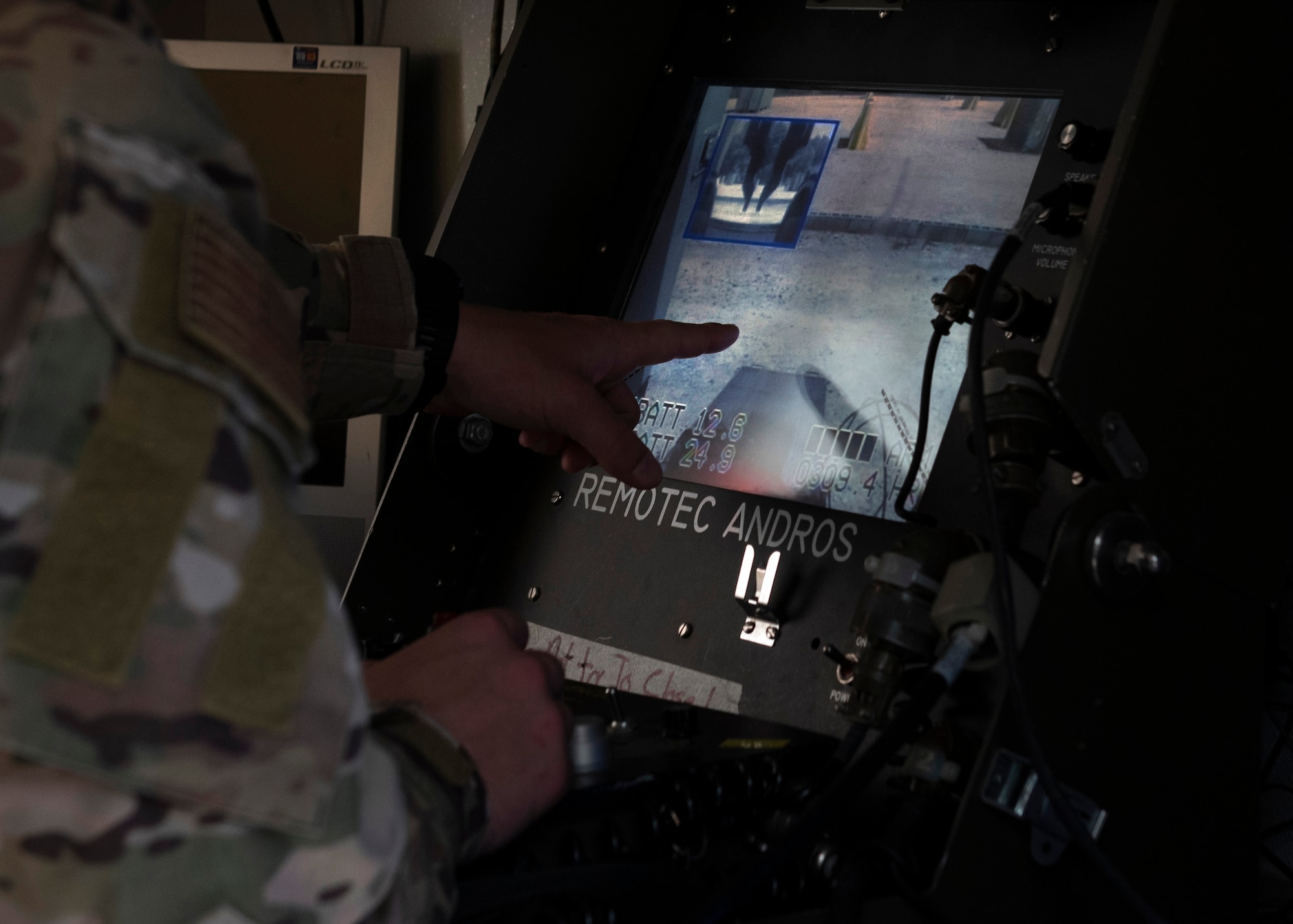 Airman First Class Brian Price, 4th Civil Engineer Squadron Explosive Ordnance Disposal apprentice, operates the Remotec Andros F6 robot during an improvised explosive device training exercise at Seymour Johnson Air Force Base, North Carolina, Aug. 26, 2020.