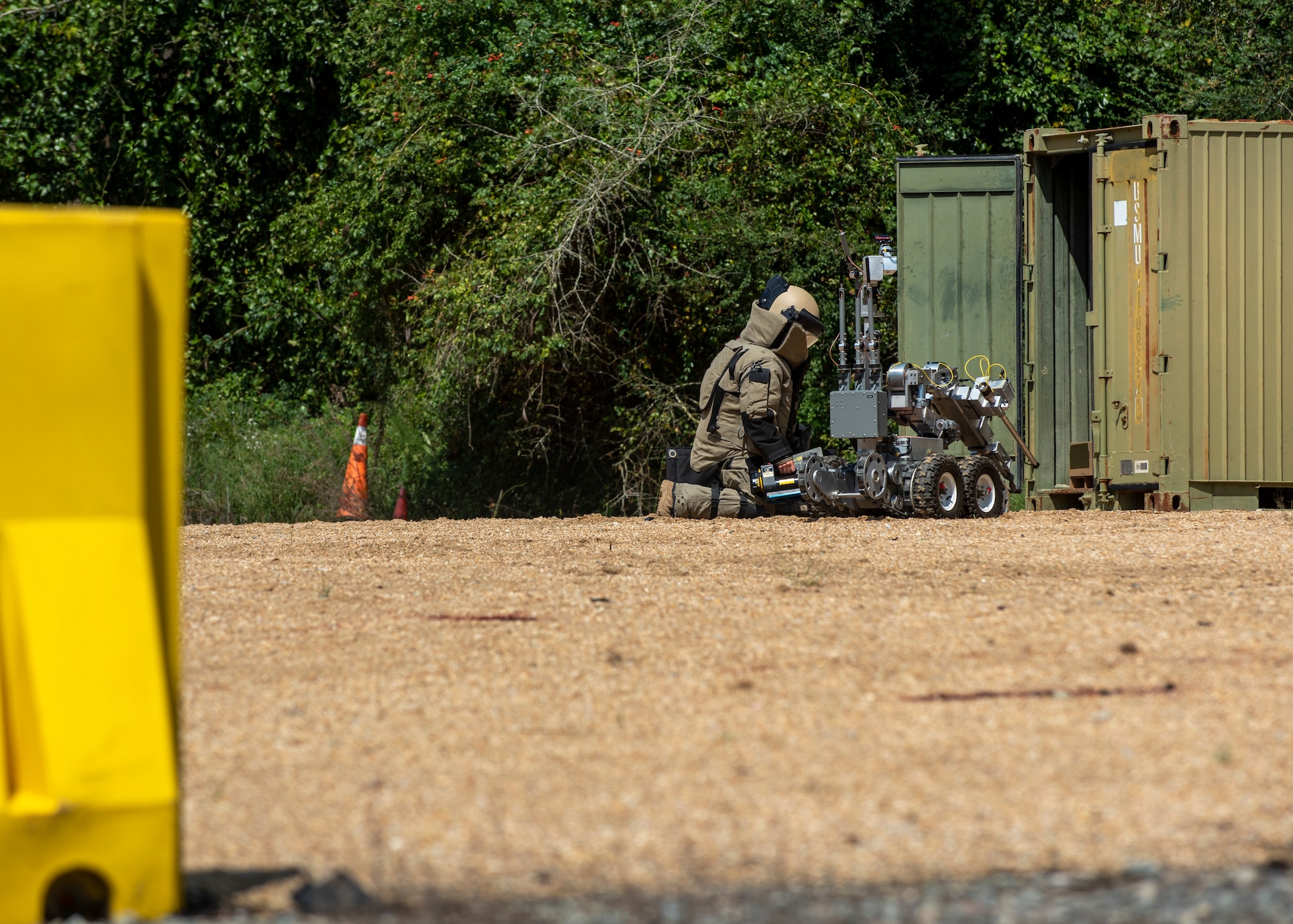 Staff Sgt. Adam Wasson, 4th Civil Engineer Squadron Explosive Ordnance Disposal journeyman, operates an x-ray during an improvised explosive device training exercise at Seymour Johnson Air Force Base, North Carolina, Aug. 26, 2020.