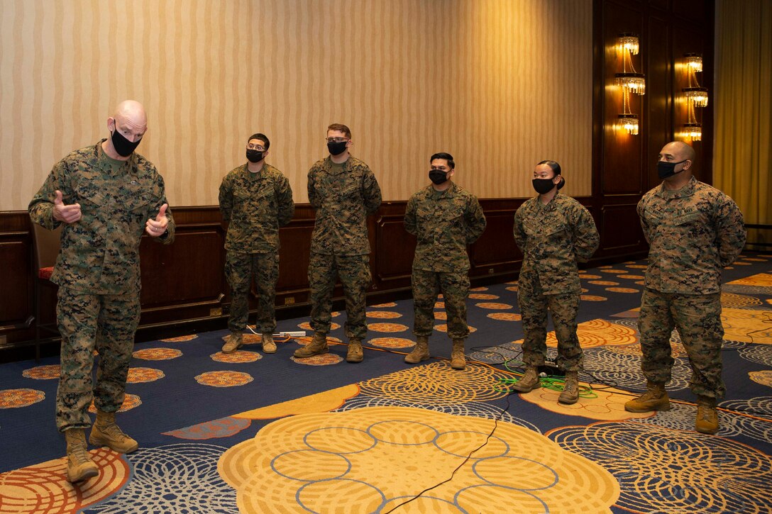 The 19th Sergeant Major of the Marine Corps, Sgt. Maj. Troy E. Black tours the Restriction of Movement (ROM) facilities in Atlanta, G.a., receiving young adults on their way to Marine Corps Recruit Depot Parris Island for basic training, Nov. 30, 2020. Black met with the Marines of Task Force Commitment who carry out the necessary duties to ensure the safe in-processing of Marine Corps recruits. The ROM facilities put in place to process new recruits prior to arriving at the recruit depots, is one of the many protection measures the Marine Corps has put in place to prevent the spread of COVID19. (U.S. Marine Corps photo by Sgt. Victoria Ross)