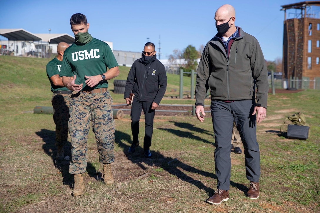 The 19th Sergeant Major of the Marine Corps, Sgt. Maj. Troy E. Black, meets with Capt. Alexander Goetz, Marine Corps Reserve Officer Training Corps (ROTC) at Auburn University Dec. 1, 2020. Black met with Auburn University Marine Corps ROTC students to share with them his  leadership insight as the Senior Enlisted Advisor to the 38th Commandant of the Marine Corps. The purpose of the Navy ROTC, Marine option is to educate and train qualified young men and women for service as commissioned officers and prepares them for leadership and management positions in an increasingly technical Navy and Marine Corps. (U.S. Marine Corps photo by Sgt. Victoria Ross)