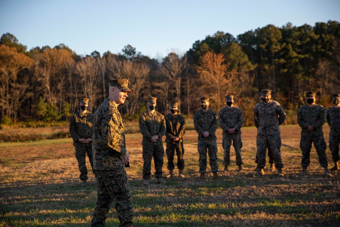 The 19th Sergeant Major of the Marine Corps, Sgt. Maj. Troy E. Black visits Marines with Marine Corps Security Force Training Company, Chesapeake, V.a., Dec. 2, 2020. The visit included a Close Quarters Battle shooting package and discussions with Non-Commissioned and Staff Non-Commissioned Officers. The mission of Marine Corps Security Force Training Company is to train and qualify Marines in the Military Occupational Specialties of 8152 (Basic Security Guard) and 8154 (Close Quarters Battle Team Member) for service within Marine Corps Security Force Battalions, Fleet Anti-Terrorism Security Team (FAST) Companies, and Marine Barracks 8th & I, Washington, DC.(U.S. Marine Corps photo by Sgt. Victoria Ross)
