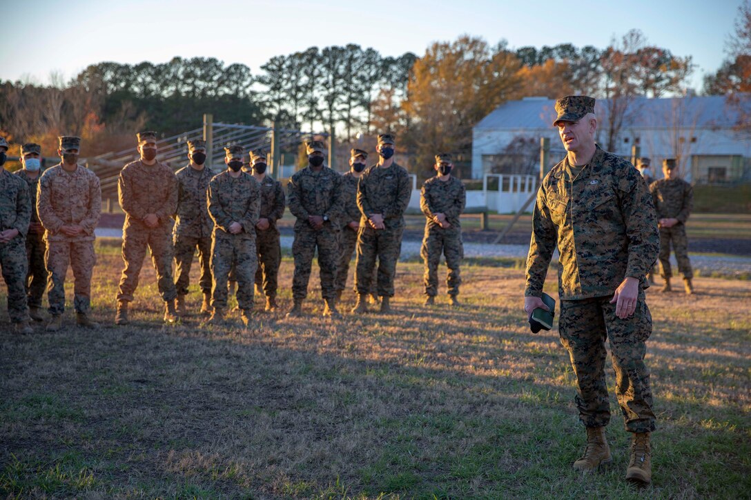 The 19th Sergeant Major of the Marine Corps, Sgt. Maj. Troy E. Black visits Marines with Marine Corps Security Force Training Company, Chesapeake, V.a., Dec. 2, 2020. The visit included a Close Quarters Battle shooting package and discussions with Non-Commissioned and Staff Non-Commissioned Officers. The mission of Marine Corps Security Force Training Company is to train and qualify Marines in the Military Occupational Specialties of 8152 (Basic Security Guard) and 8154 (Close Quarters Battle Team Member) for service within Marine Corps Security Force Battalions, Fleet Anti-Terrorism Security Team (FAST) Companies, and Marine Barracks 8th & I, Washington, DC.(U.S. Marine Corps photo by Sgt. Victoria Ross)