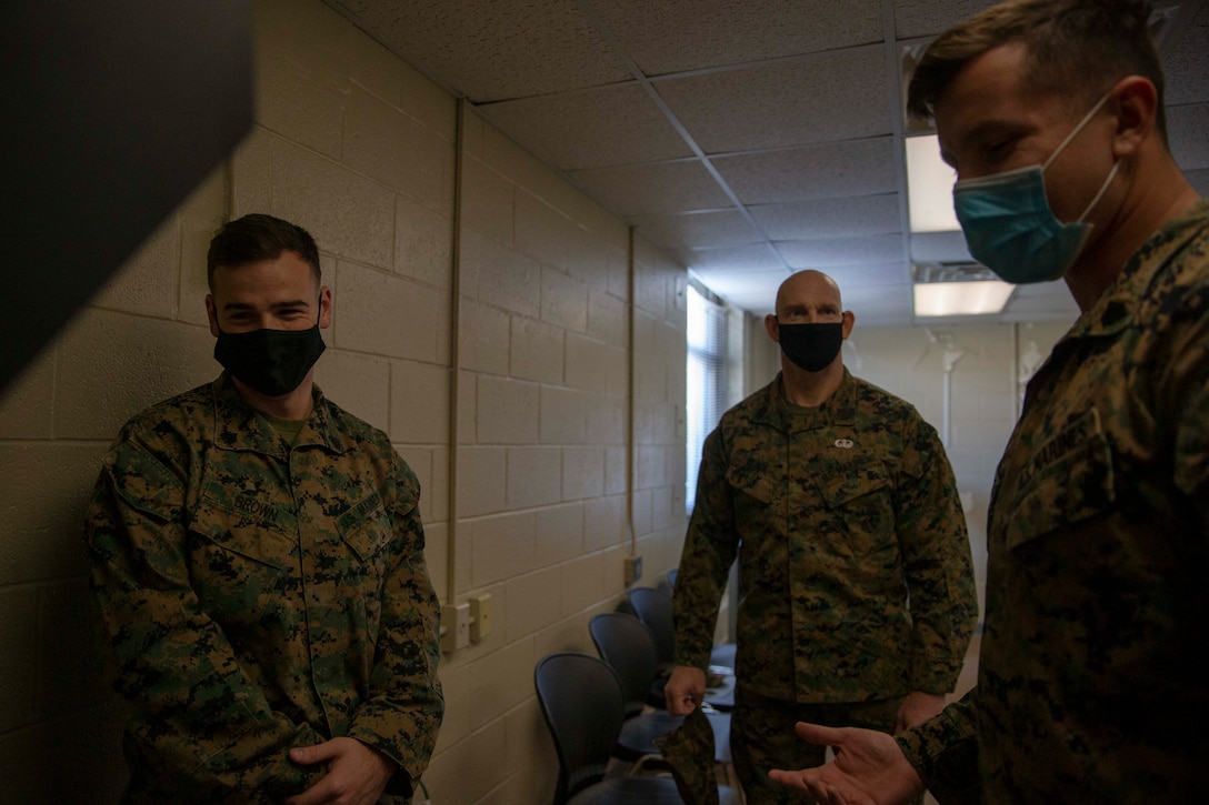 The 19th Sergeant Major of the Marine Corps, Sgt. Maj. Troy E. Black visits Marines with Marine Corps Security Force Traning Company, Chesapeake, V.a., Dec. 3, 2020. The visit included discussions with staff and students. The mission of Marine Corps Security Force Training Company is to train and qualify Marines in the Military Occupational Specialties of 8152 (Basic Security Guard) and 8154 (Close Quarters Battle Team Member) for service within Marine Corps Security Force Battalions, Fleet Anti-Terrorism Security Team (FAST) Companies, and Marine Barracks 8th & I, Washington, DC.(U.S. Marine Corps photo by Sgt. Victoria Ross)