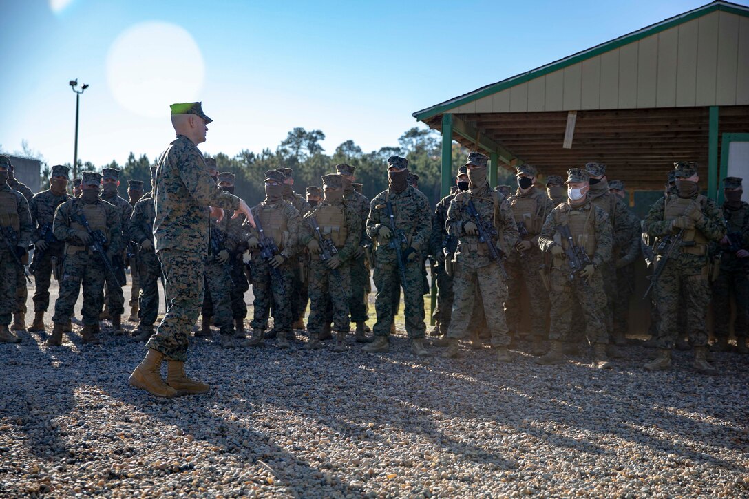 The 19th Sergeant Major of the Marine Corps, Sgt. Maj. Troy E. Black visits Marines with Marine Corps Security Force Traning Company, Chesapeake, V.a., Dec. 3, 2020. The visit included discussions with staff and students. The mission of Marine Corps Security Force Training Company is to train and qualify Marines in the Military Occupational Specialties of 8152 (Basic Security Guard) and 8154 (Close Quarters Battle Team Member) for service within Marine Corps Security Force Battalions, Fleet Anti-Terrorism Security Team (FAST) Companies, and Marine Barracks 8th & I, Washington, DC.(U.S. Marine Corps photo by Sgt. Victoria Ross)