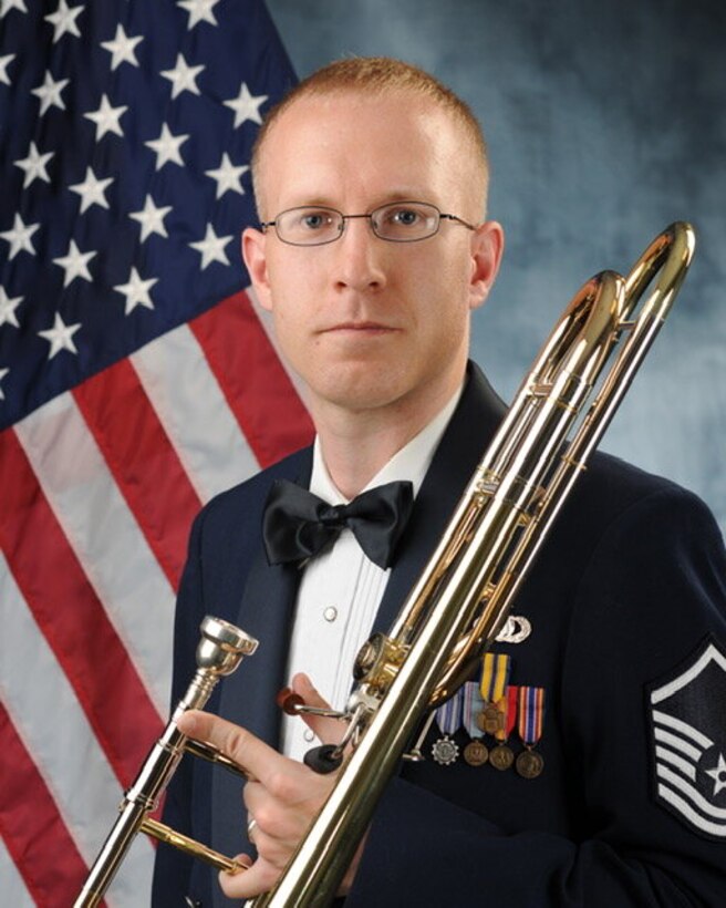 Senior Master Sgt. Matt Nudell, trombonist with the U.S. Air Force Concert Band, served as Director of Operations for the AFCENT Band, based out of Al Udeid Air Base, Qatar. (U.S. Air Force Photo by Senior Master Sgt. Josh Kowalsky)
