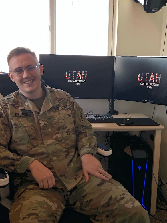 Private First Class Leonard Delong teleworks from home and is partnered with Weber-Morgan County LHD in contact tracing of positive COVID-19 cases.