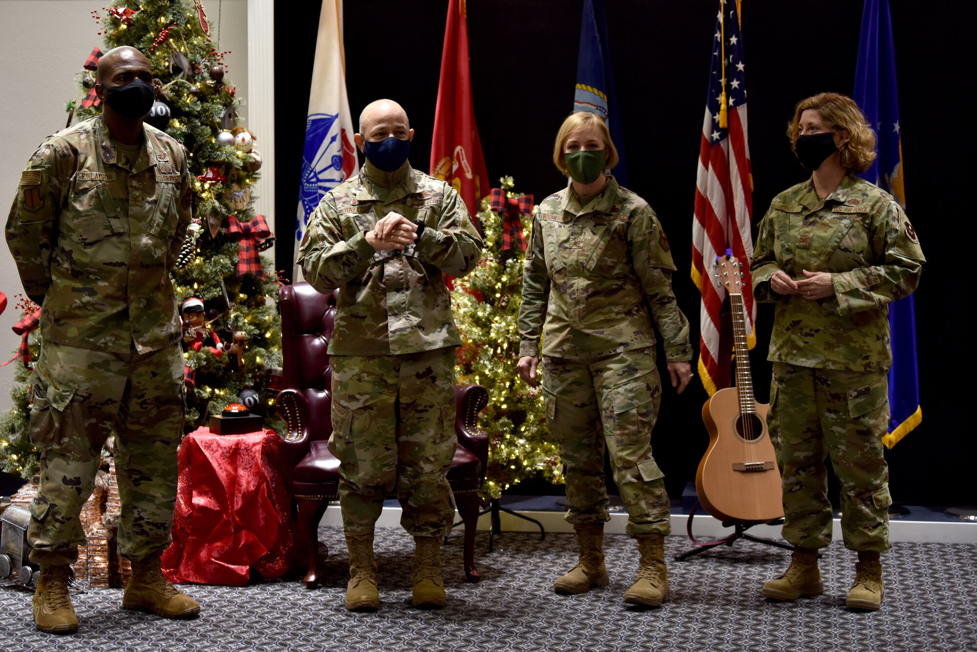 Goodfellow senior leaders a deliver holiday greetings at the Event Center on Goodfellow Air Force Base, Texas, Dec. 4, 2020. After delivering the holiday message the leaders gave Col. Andres Nazario, 17th Training Wing commander, a countdown to light the Christmas tree. (U.S. Air Force photo by Staff Sgt. Seraiah Wolf)