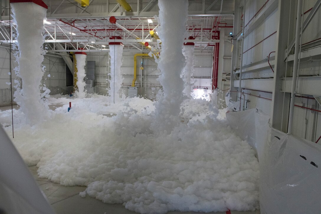 Photo of foam filling the inside of a hangar