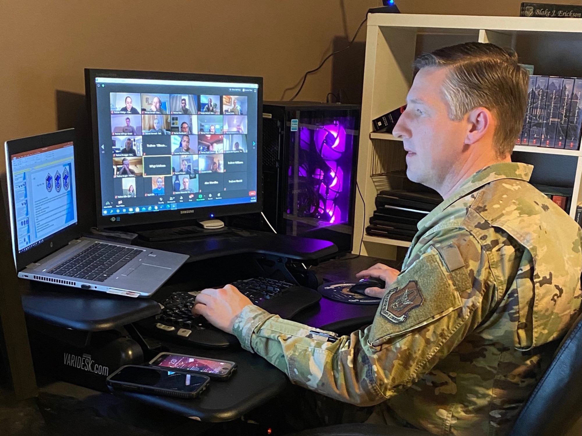 Master Sgt. Blake Erickson, NCOIC of the 419th Development and Training Flight, conducts virtual training from home during the 419th Fighter Wing’s unit training assembly weekend Dec. 6. The DTF helps prepare new enlistees for Basic Military Training.