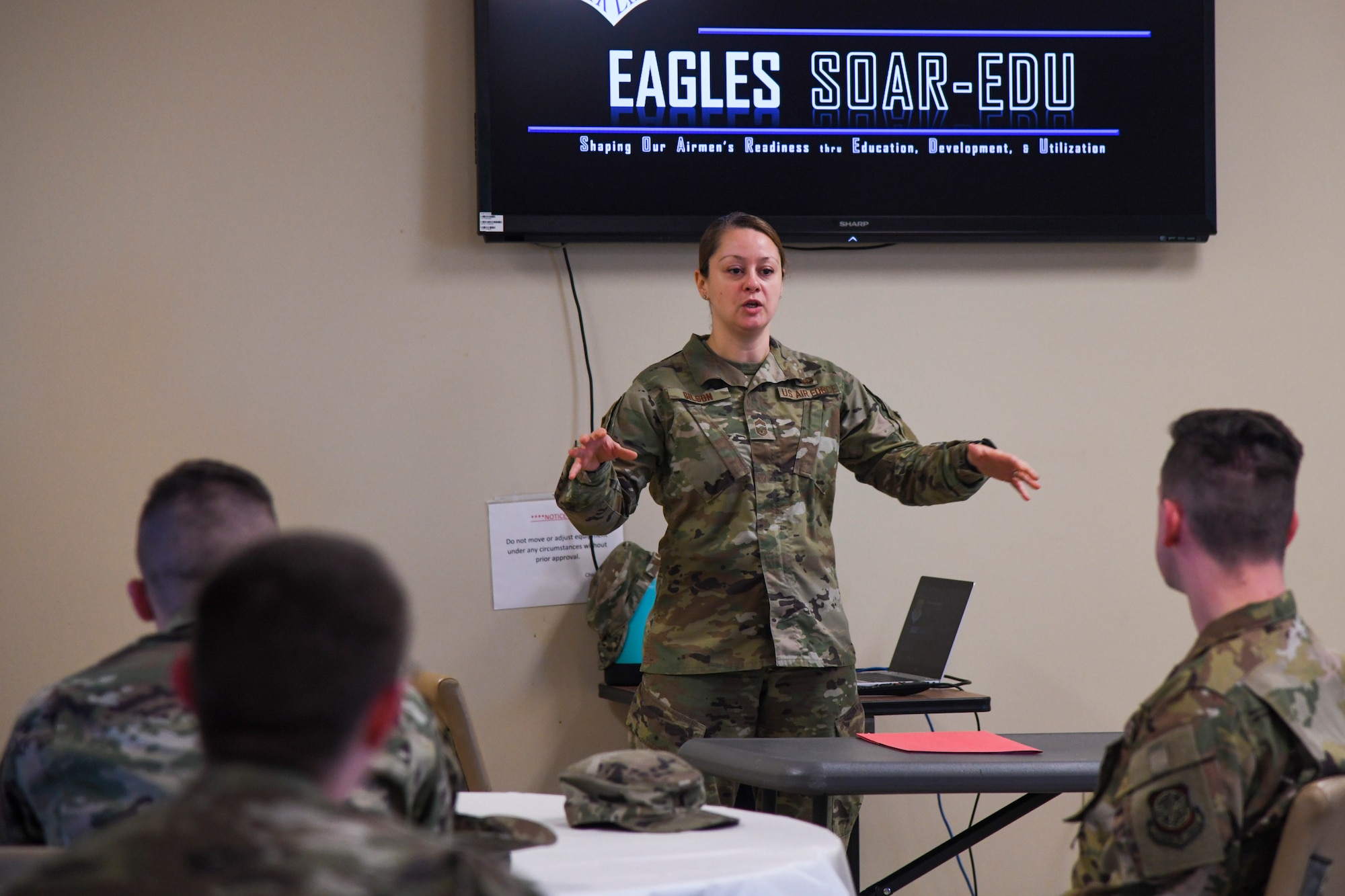 Chief Master Sgt. Tina Gilson, 436th Operations Group superintendent, speaks about Eagles SOAR-EDU during a self-awareness class at Dover Air Force Base, Delaware, Oct. 22, 2020. Eagles SOAR-EDU is a professional development platform and resource hub for all Airmen and Department of Defense civilian workers at Dover Air Force Base. (U.S. Air Force photo by Airman 1st Class Stephani Barge)