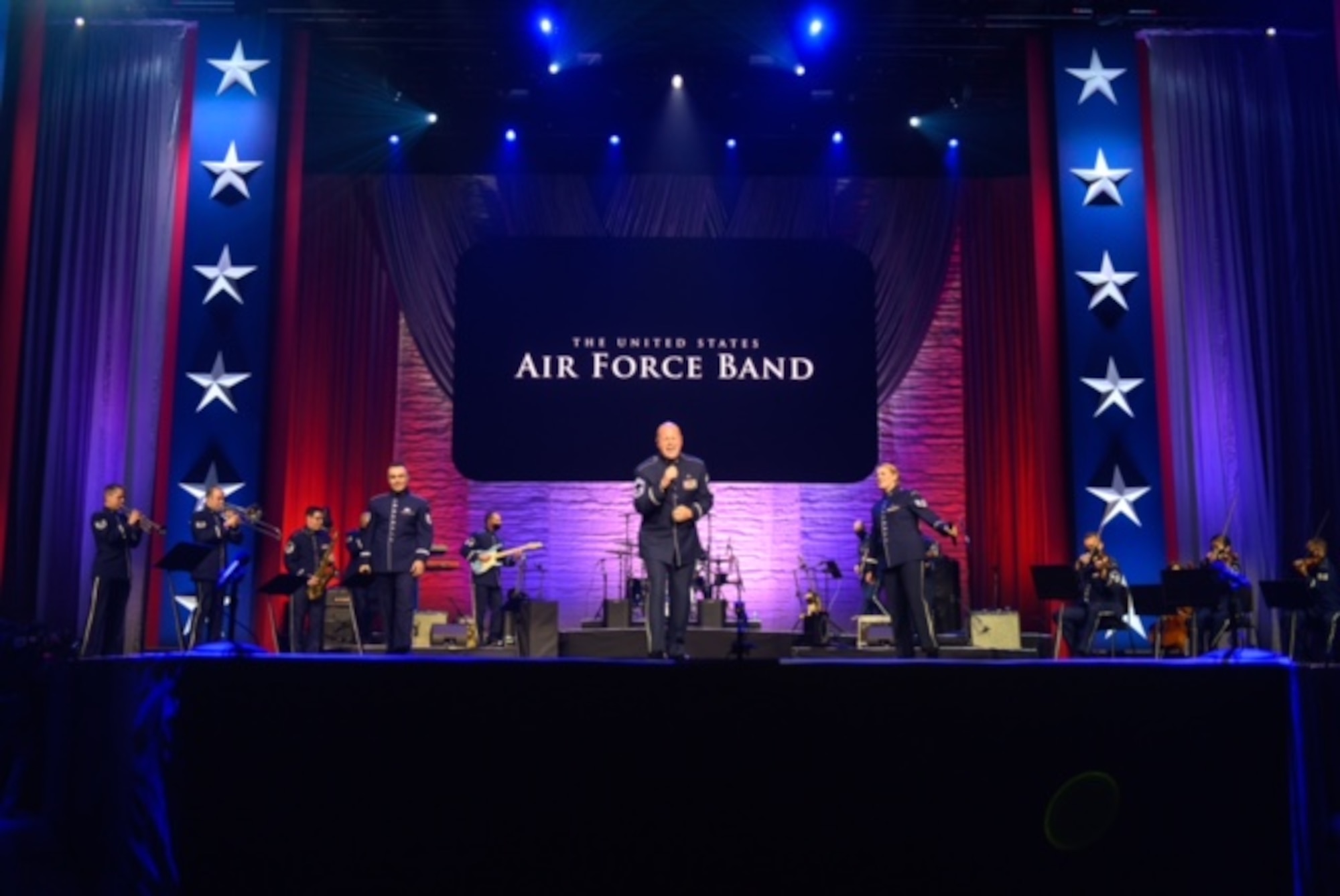 Members of Max Impact, the Concert Band and the Air Force Strings perform on the live virtual Veteran’s Day Concert at the MGM Hotel.