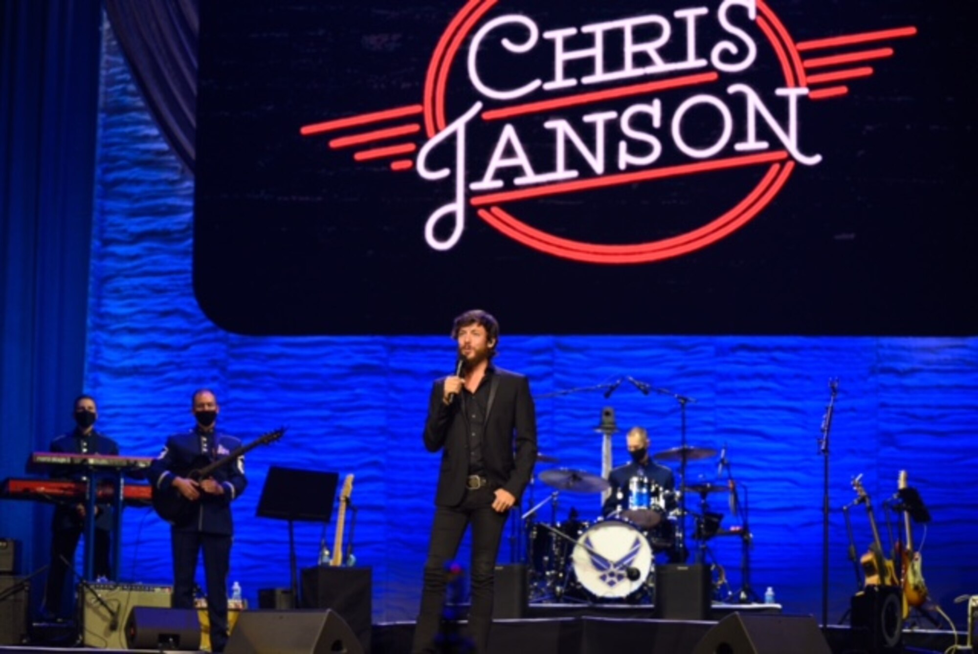Country music sensation Chris Janson performs with Max Impact during the live virtual Veteran’s Day concert at the MGM Hotel.