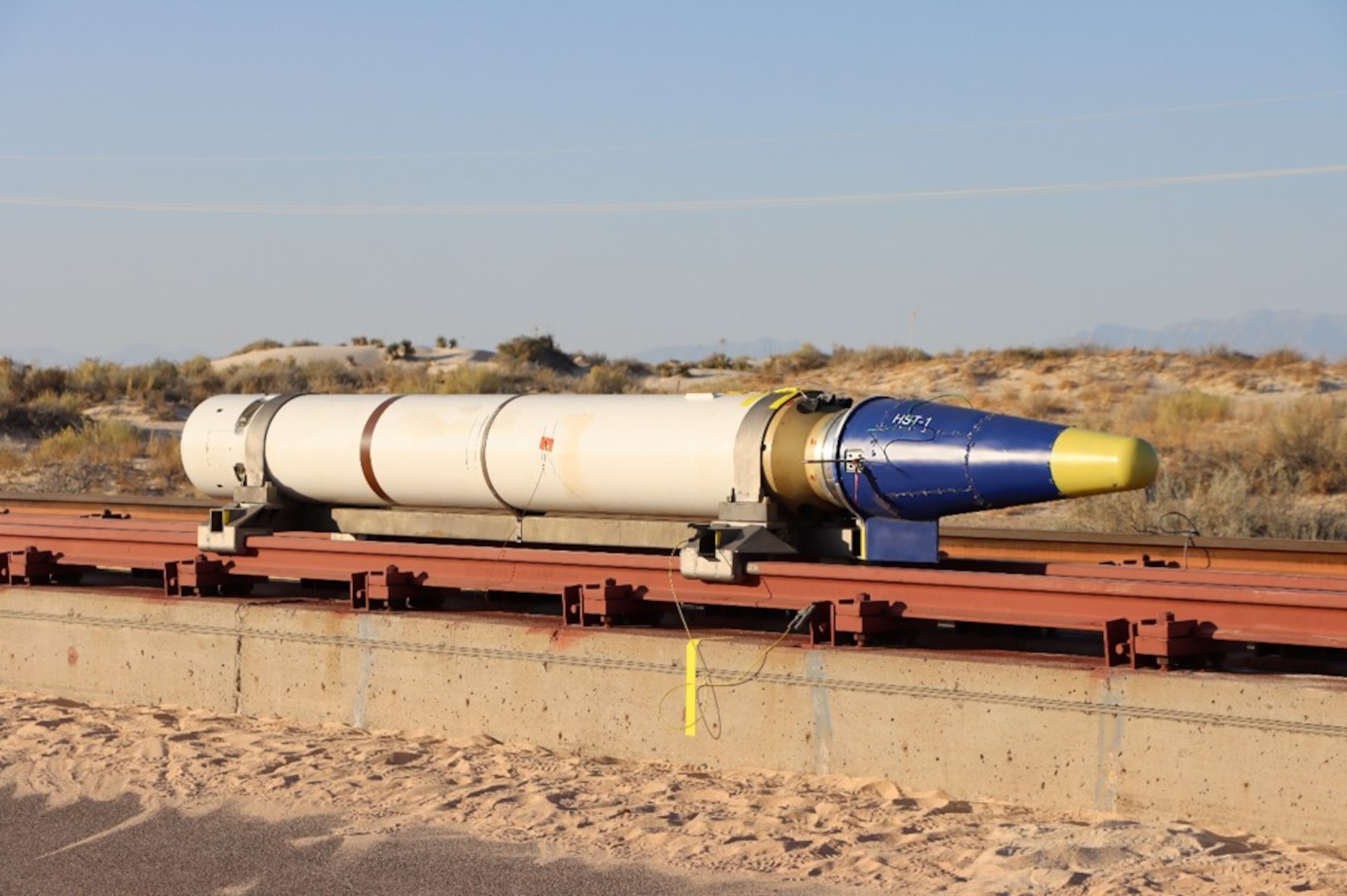 An experimental high-speed conformal warhead awaits testing at the Holloman Air Force Base High Speed Test Track in new Mexico. (Courtesy photos)