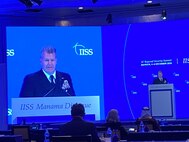 Vice Adm. Samuel Paparo, commander of U.S. Naval Forces Central Command (NAVCENT), U.S. 5th Fleet and Combined Maritime Forces (CMF), participated in the 16th Regional Security Summit of the International Institute of Strategic Studies (IISS) Manama Dialogue 2020, Dec. 4-6. The IISS Manama Dialogue takes place in Bahrain annually, offering international representatives an opportunity to discuss policies, security concerns and challenges in the Middle East.