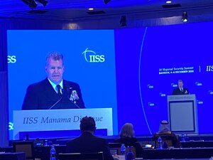 Vice Adm. Samuel Paparo, commander of U.S. Naval Forces Central Command (NAVCENT), U.S. 5th Fleet and Combined Maritime Forces (CMF), participated in the 16th Regional Security Summit of the International Institute of Strategic Studies (IISS) Manama Dialogue 2020, Dec. 4-6. The IISS Manama Dialogue takes place in Bahrain annually, offering international representatives an opportunity to discuss policies, security concerns and challenges in the Middle East.