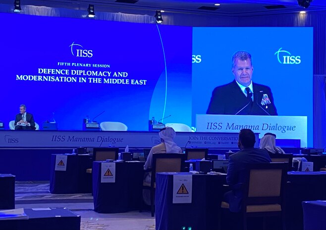 Vice Adm. Samuel Paparo, commander of U.S. Naval Forces Central Command (NAVCENT), U.S. 5th Fleet and Combined Maritime Forces (CMF), participated in the 16th Regional Security Summit of the International Institute of Strategic Studies (IISS) Manama Dialogue 2020, Dec. 4-6. The IISS Manama Dialogue takes place in Bahrain annually, offering international representatives an opportunity to discuss policies, security concerns and challenges in the Middle East.