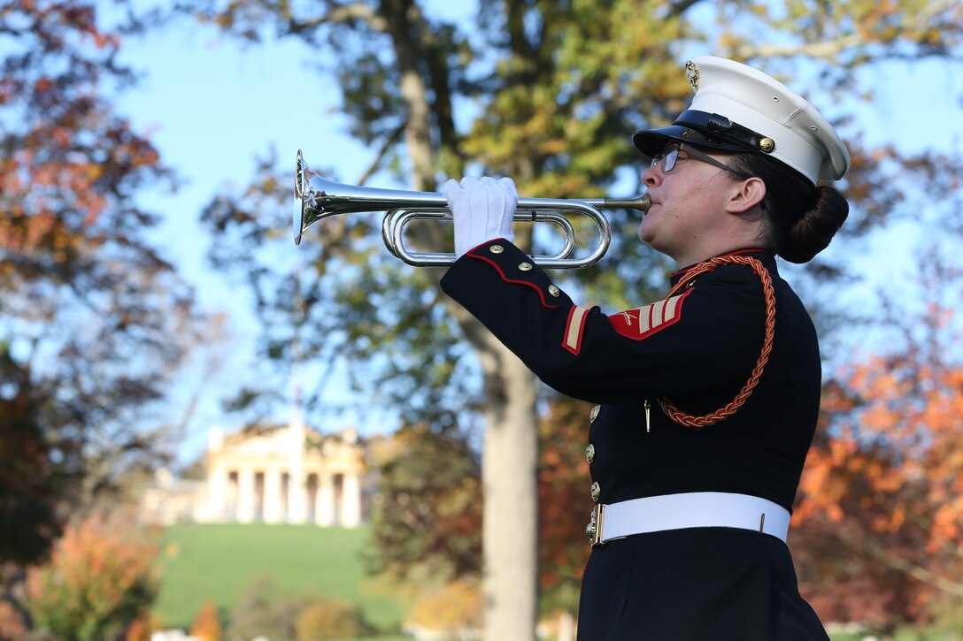 On Nov. 10, 2020, Marines from The United States Marine Drum & Bugle Corps sounded "Taps" in wreath laying ceremonies at Arlington National Cemetery in honor of the Marine Corps Birthday.
