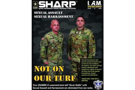 Lt. Col. Marcus D. Perkins, left, commander of the U.S. Army Medical Materiel Center-Korea, and Sgt. Maj. Blair Richards are pictured on one of the organization’s SHARP posters, which are displayed around the center to promote the Army’s SHARP program.