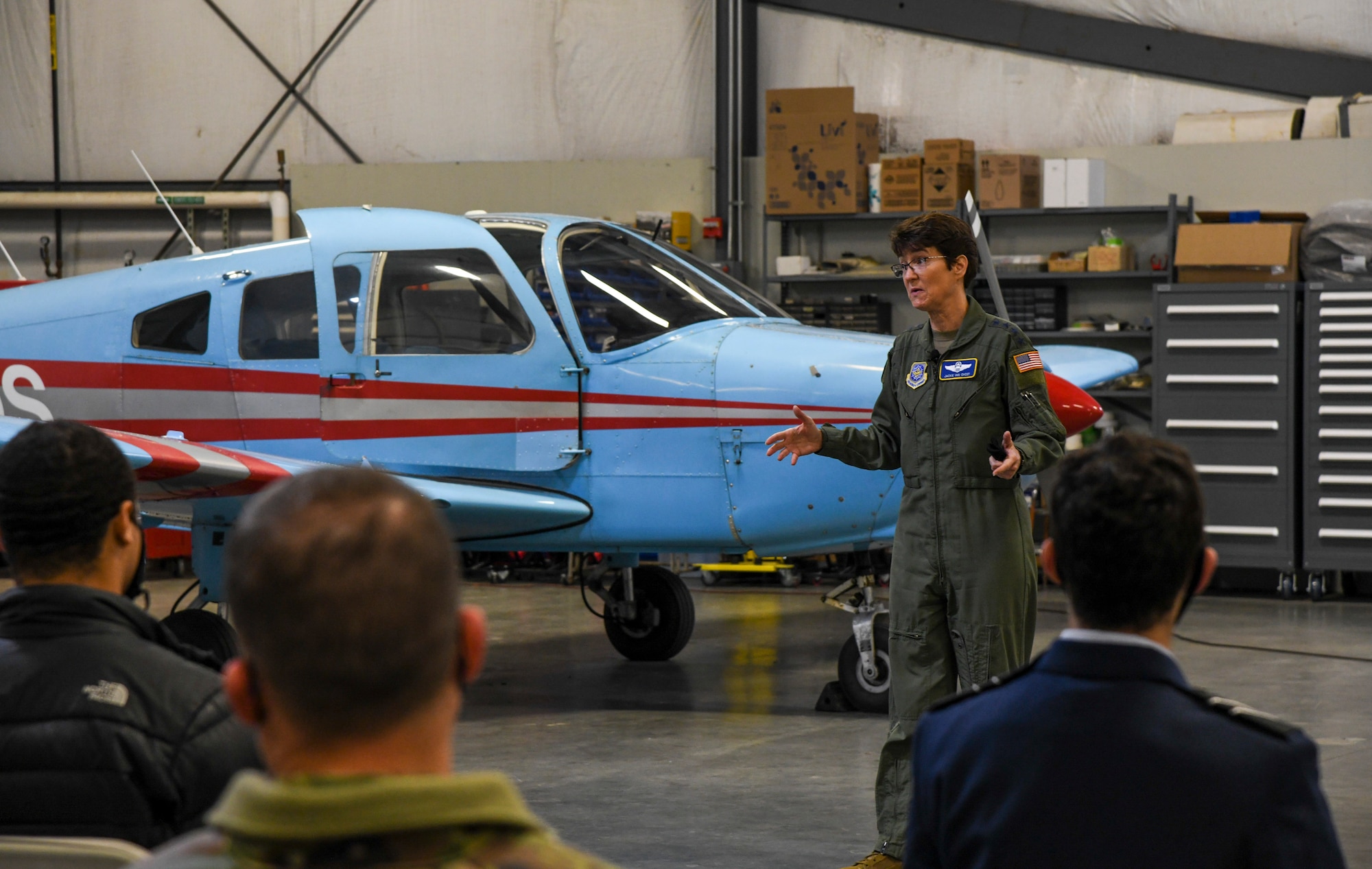 Gen. Jacqueline Van Ovost, Air Mobility Command commander, speaks to local aviation students during a civic engagement at Delaware Air Park, Cheswold, Delaware, Dec. 8, 2020. As a part of her visit to Dover Air Force Base, Delaware, Van Ovost met with ROTC and aviation students from Delaware State University and the University of Delaware to discuss the wealth of opportunities available in civilian aviation, the United States Air Force and United States Space Force. (U.S. Air Force photo by Airman 1st Class Stephani Barge).