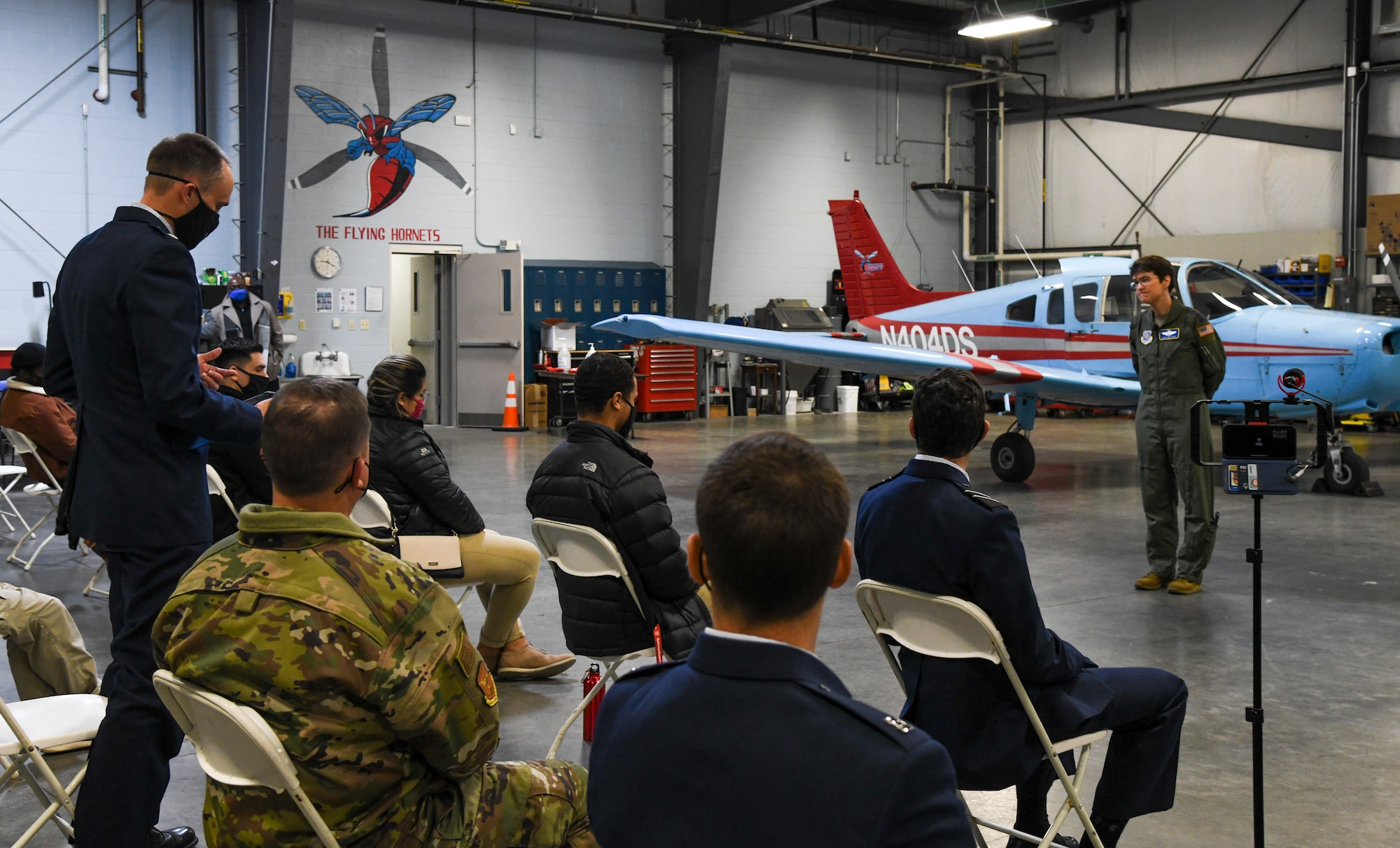Gen. Jacqueline Van Ovost, Air Mobility Command commander, answers questions during a civic outreach event at Delaware Air Park, Cheswold, Delaware, Dec. 8, 2020. Van Ovost met with ROTC and aviation students from Delaware State University and the University of Delaware to discuss the wealth of opportunities available in civilian aviation, the United States Air Force and United States Space Force. (U.S. Air Force photo by Airman 1st Class Stephani Barge).