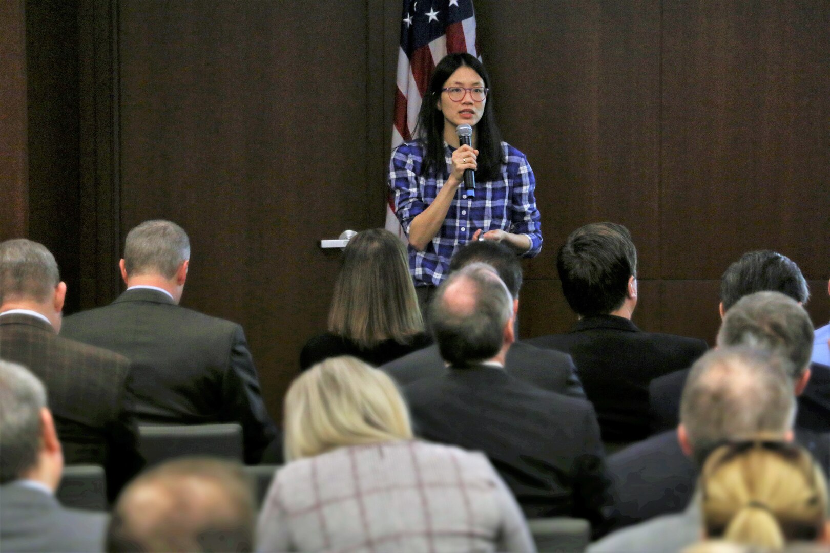 Naval Surface Warfare Center, Philadelphia Division (NSWCPD) Acquisition Support & Oversight Division Head Doris Tung addresses a crowd during the Command’s 2019 Industry Day in Philadelphia. NSWCPD conducted a virtual Industry Day event earlier this year, which linked key industries with contracting opportunities at the organization.