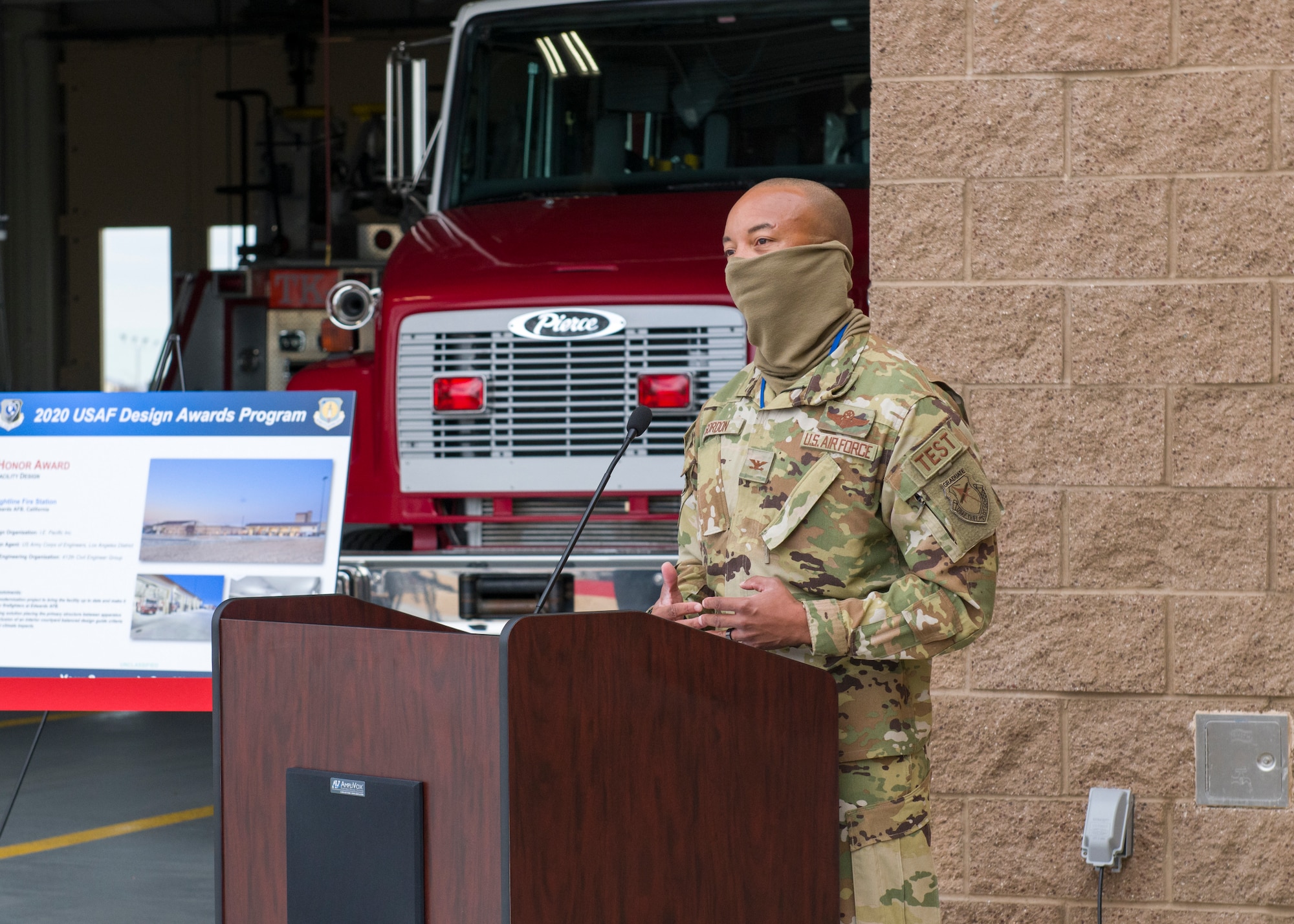 Col. Randel Gordon, 412th Test Wing Vice Commander, provides his statements during a ribbon-cutting ceremony for the Airfield Fire Station at Edwards Air Force Base, California, Dec. 8. (Air Force photo by Giancarlo Casem)