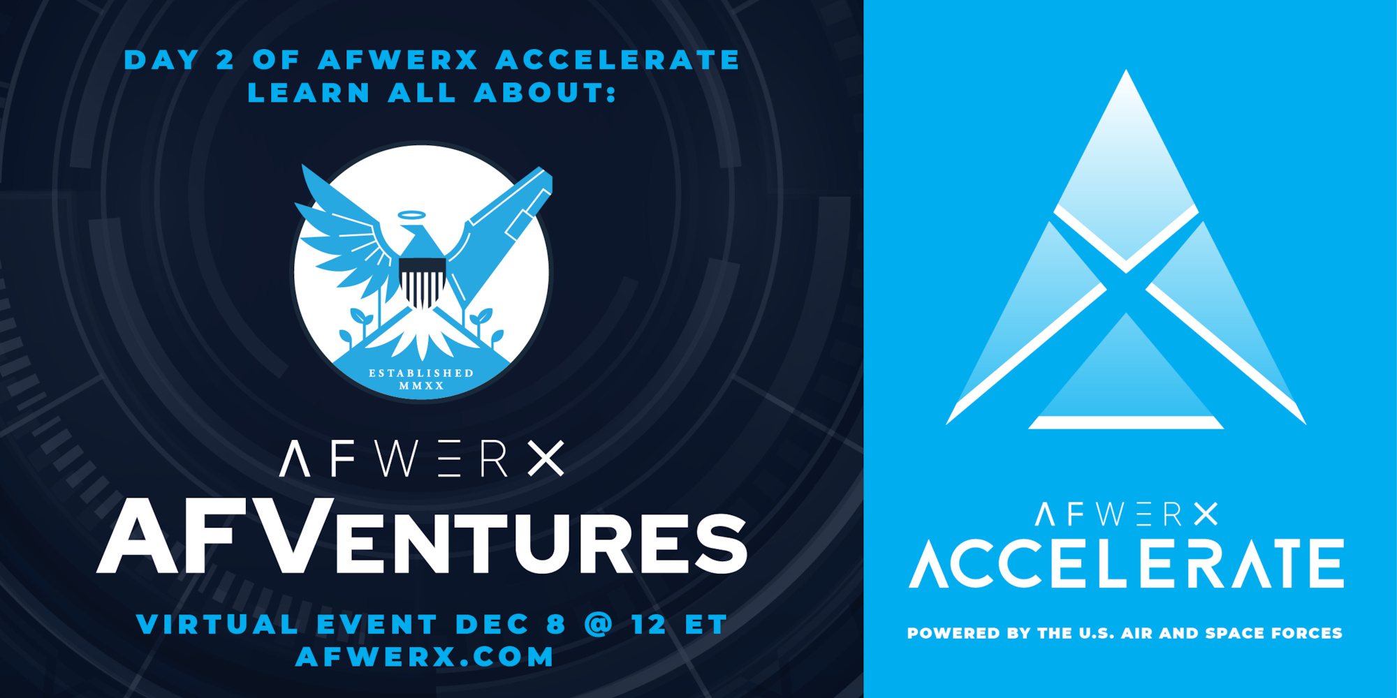 Day two of the AFWERX Accelerate event featured Jason Rathje, AFVentures managing partner, who discussed AFVentures, the commercial investment arm of the Air Force. He also provided insight into the Air Force and Space Force’s interests in using loans and credit to help grow the industrial base. (Courtesy graphic)