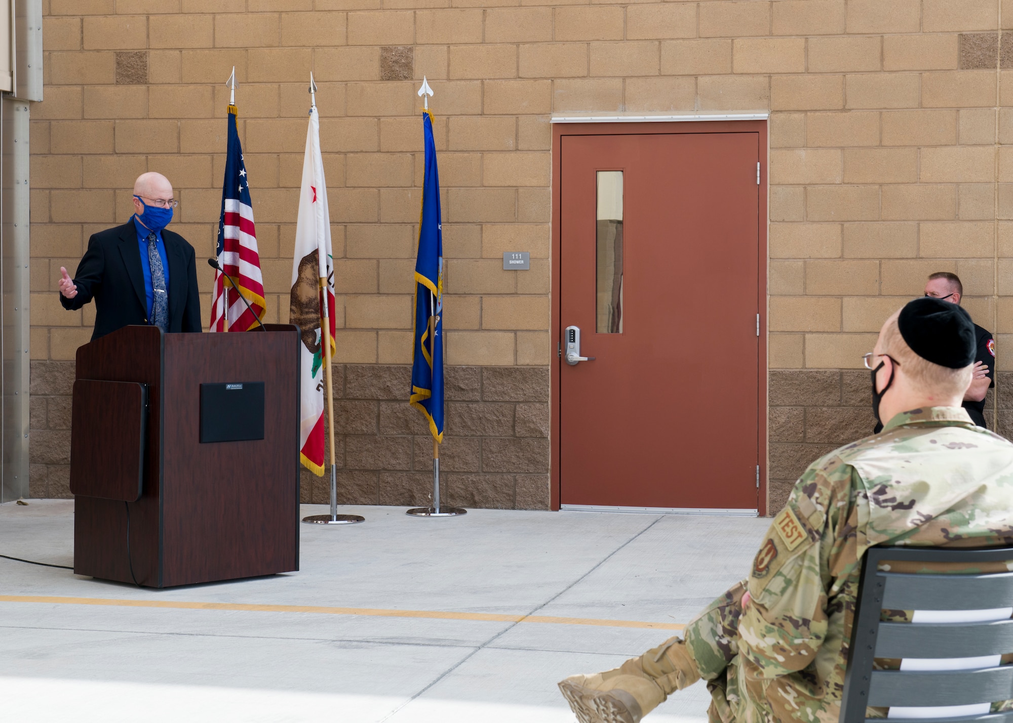 James Judkins, 412th Civil Engineer Group director, provides his remarks during the ribbon-cutting ceremony for the new Airfield Fire Station at Edwards Air Force Base, California, Dec. 8. (Air Force photo by Giancarlo Casem)