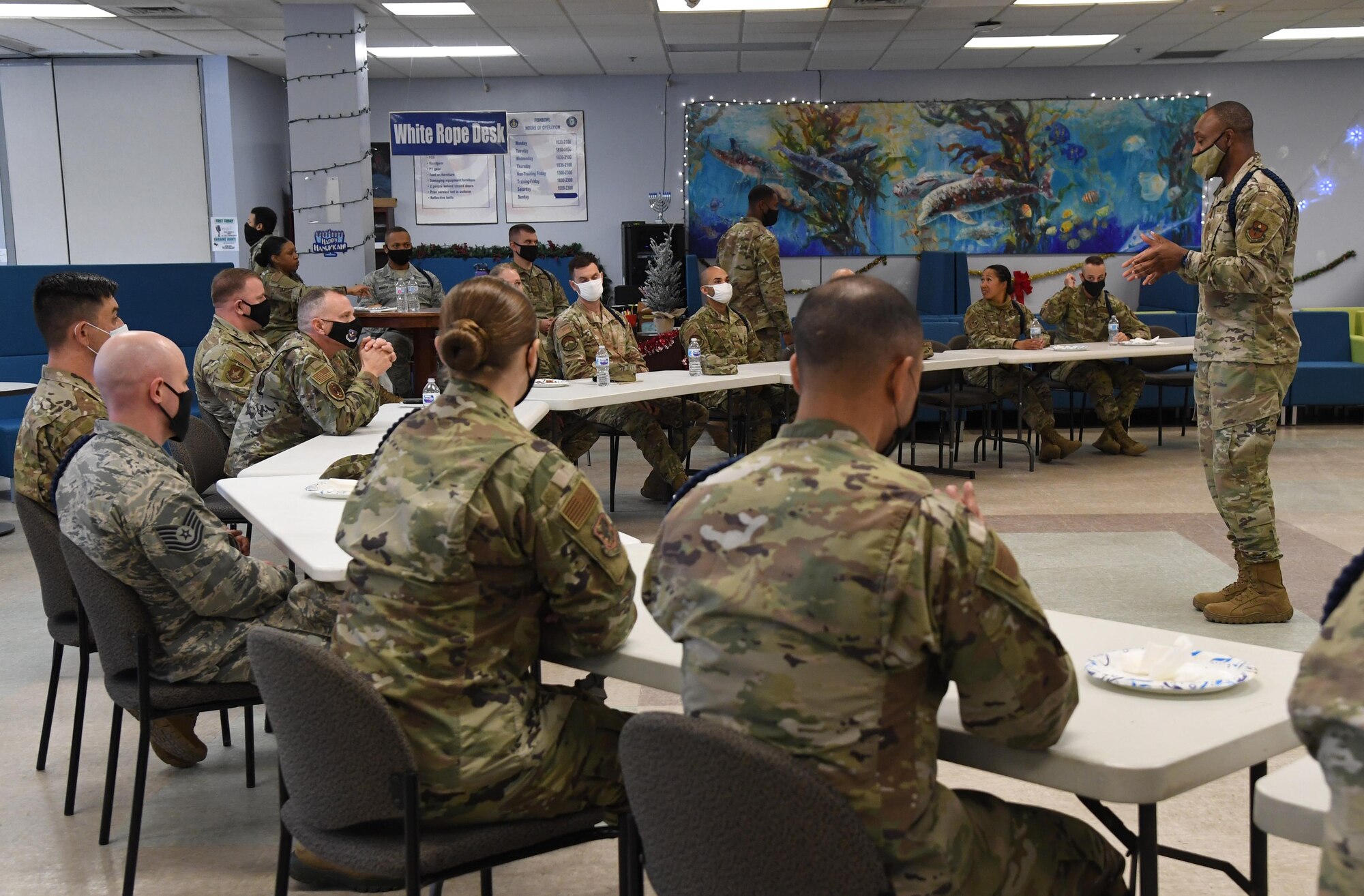 U.S. Air Force Chief Master Sgt. Erik Thompson, command chief of Air Education and Training Command, attends a military training leader mission brief at the Levitow Training Support Facility at Keesler Air Force Base, Mississippi, Dec. 8, 2020. Thompson visited Keesler and learned more about the current MTL development and technical training processes. Keesler is home to the Air Force's only MTL schoolhouse. (U.S. Air Force photo by Kemberly Groue)