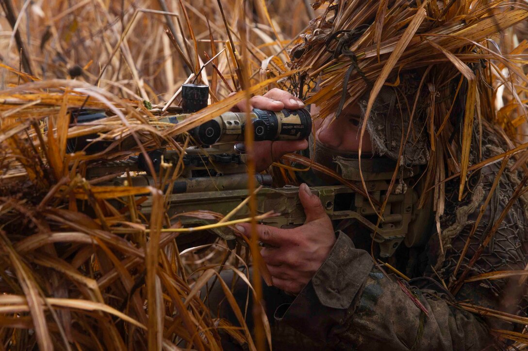A Marine camouflaged in dry brush looks through the scope of a weapon.