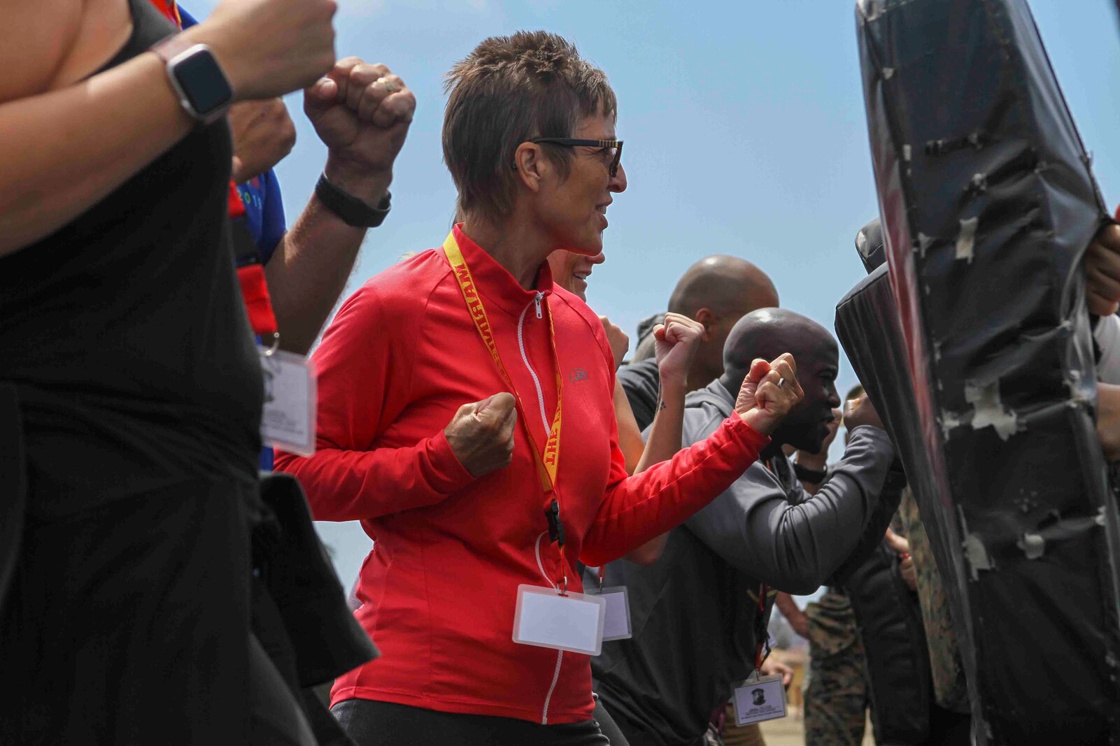 Janet Bonovich, a teacher at Temescal Canyon High School, prepares to perform different Marine Corps Martial Arts techniques as part of the Educators Workshop at Marine Corps Recruit Depot San Diego, California, June 18, 2019. The mission of the Educators Workshop is to inform, demonstrate and build relationships while providing educators and community influencers with firsthand knowledge of the Marine Corps recruiting process, entry level training, job opportunities and educational benefits available to Marines. (U.S. Marine Corps photo by Sgt. Bernadette Plouffe)