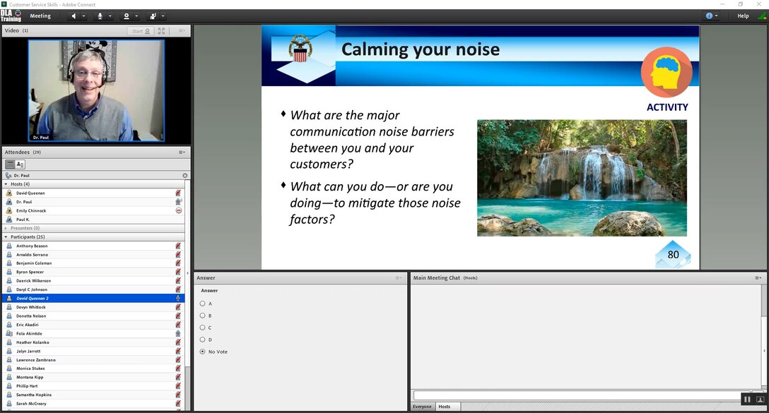 Screenshot with man in upper left corner, Powerpoint slide in center and list of class participants on lower left.