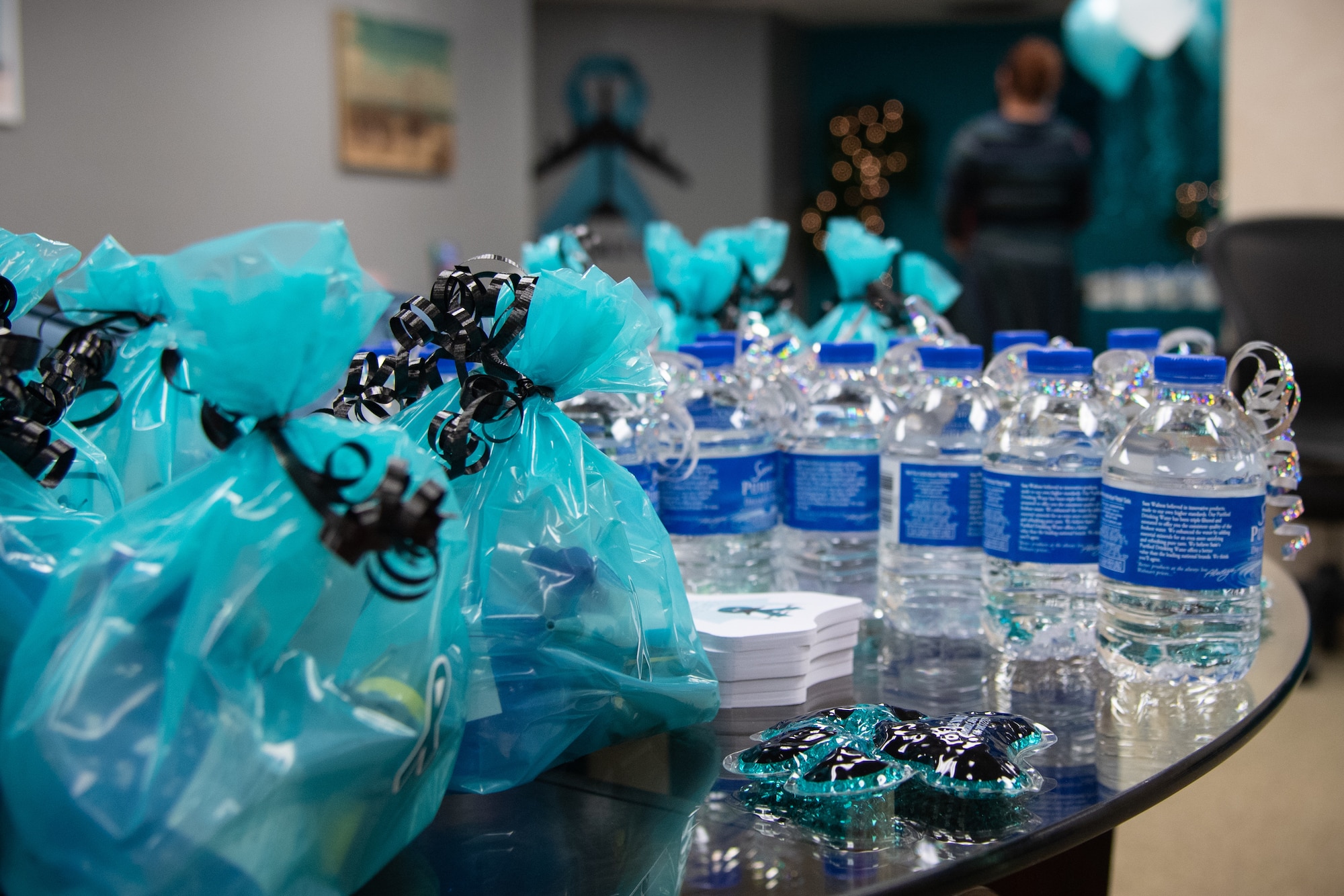 Sexual Assault Prevention and Response (SAPR) team gift bags sit on a table at Barksdale Air Force Base, La., Dec. 4, 2020.