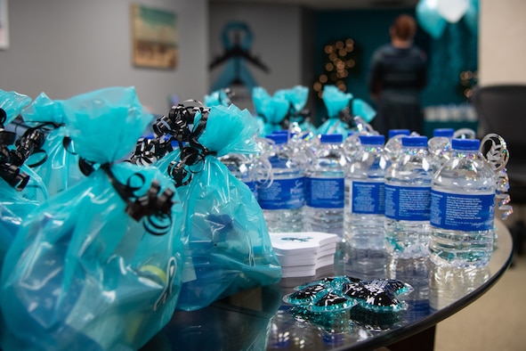 Sexual Assault Prevention and Response (SAPR) team gift bags sit on a table at Barksdale Air Force Base, La., Dec. 4, 2020.