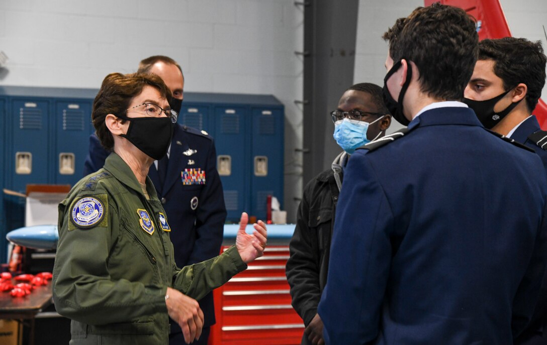 Gen. Jacqueline Van Ovost, Air Mobility Command commander, speaks with students at a civic engagement at Delaware Air Park, Cheswold, Delaware, Dec. 8, 2020. As a part of her visit to Dover Air Force Base, Delaware, Van Ovost met with ROTC and aviation students from Delaware State University and the University of Delaware to discuss the wealth of opportunities available in civilian aviation, the United States Air Force and United States Space Force. (U.S. Air Force photo by Airman 1st Class Stephani Barge).