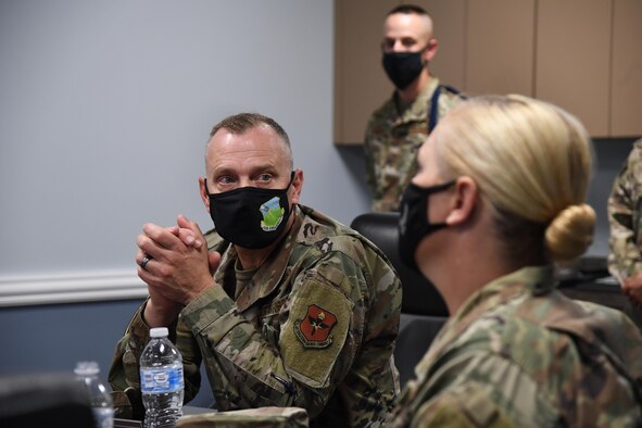 U.S. Air Force Chief Master Sgt. Erik Thompson, command chief of Air Education and Training Command, attends a military training leader schoolhouse brief at Lott Hall at Keesler Air Force Base, Mississippi, Dec. 8, 2020. Thompson visited Keesler to learn more about the current MTL development and technical training processes. (U.S. Air Force photo by Kemberly Groue)