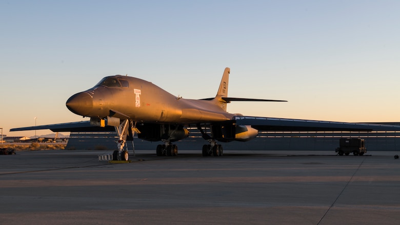 A B-1B Lancer assigned to the 419th Flight Test Squadron, 412th Test Wing, prepares for an external release demonstration with a Joint Air-to-Surface Standoff Missile attached to an external pylon, at Edwards Air Force Base, California, Dec. 4. (Air Force photo by Giancarlo Casem)