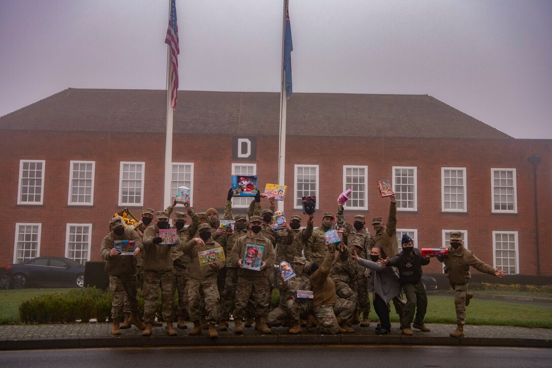 Team Mildenhall's first sergeants and 100th Air Refueling Wing leadership prepare to spread holiday joy to the local community at Royal Air Force Mildenhall, England, Dec. 7, 2020. Team Mildenhall donated approximately 250 toys to local Mildenhall town families for the holiday season. (U.S. Air Force photo by Airman 1st Class Joseph Barron)