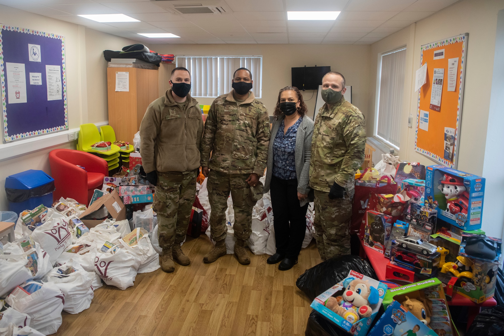 Team Mildenhall Airmen donated to a local community center for the holiday season in Mildenhall, England, Dec. 7, 2020. The first sergeants donated $4,500 worth of toys as a sign of appreciation for the Mildenhall town community. (U.S. Air Force photo by Airman 1st Class Joseph Barron)