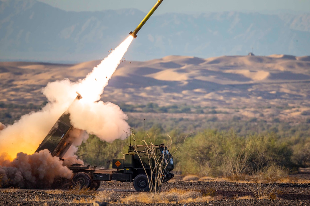 A High Mobility Artillery Rocket System fires a rocket.