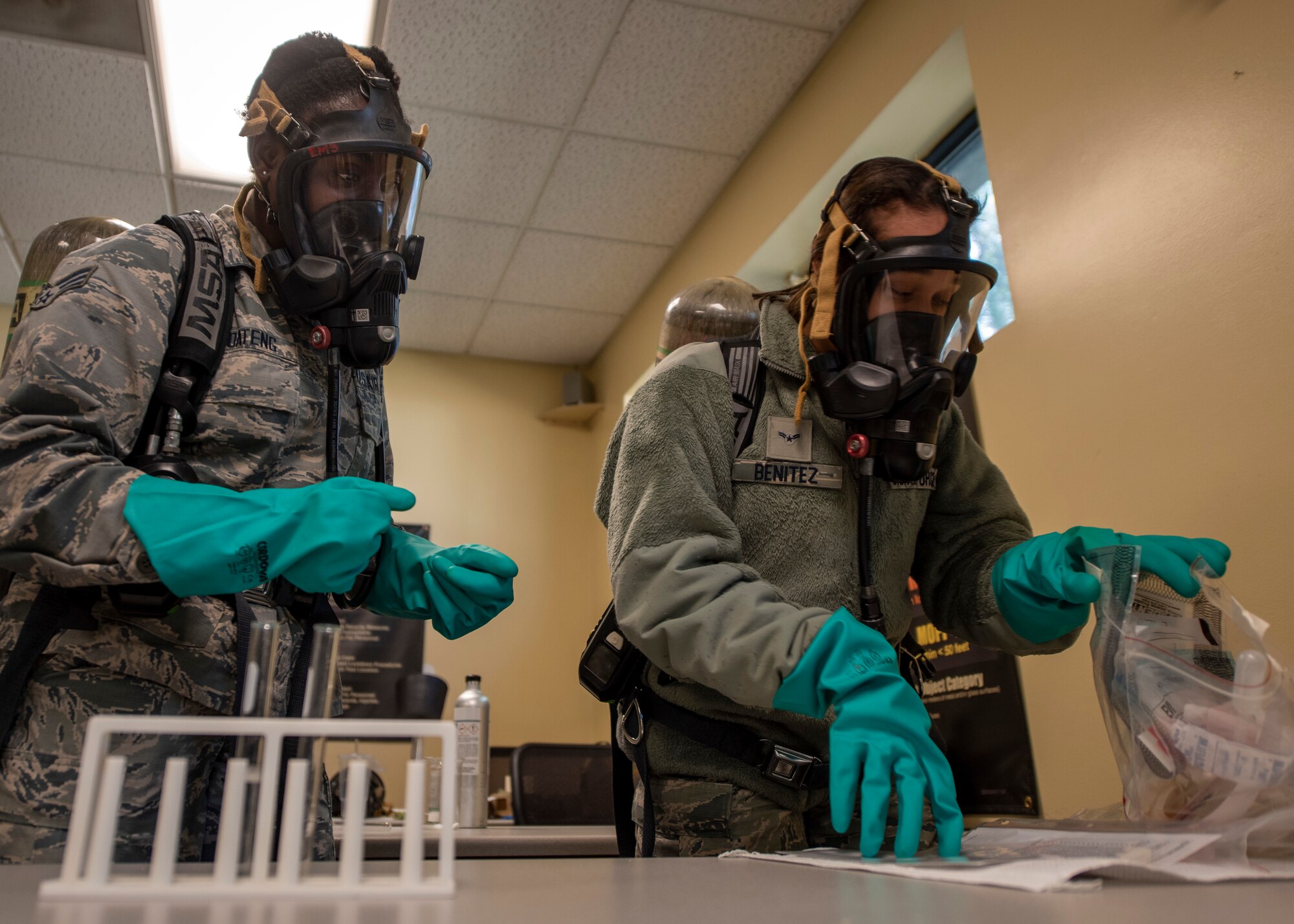Engineer Squadron emergency managers, take a swipe sample during training at Seymour Johnson Air Force Base, North Carolina, Nov. 19, 2020.