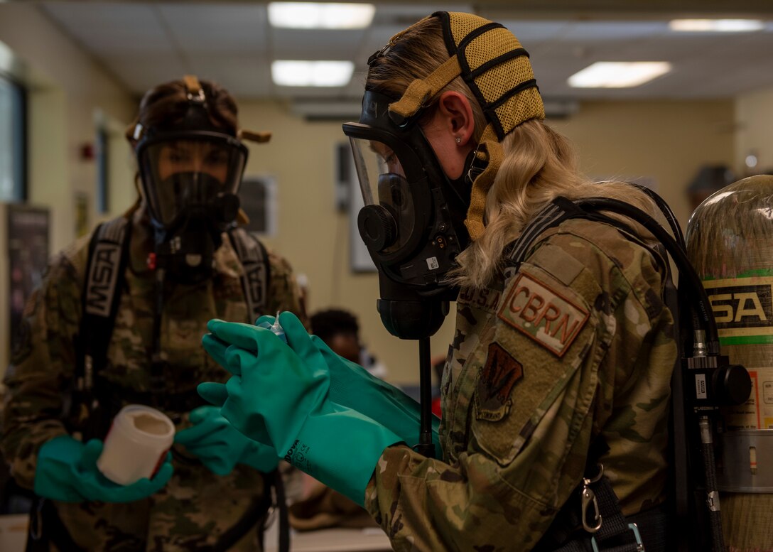 Engineer Squadron emergency managers, take a swipe sample during training at Seymour Johnson Air Force Base, North Carolina, Nov. 19, 2020.