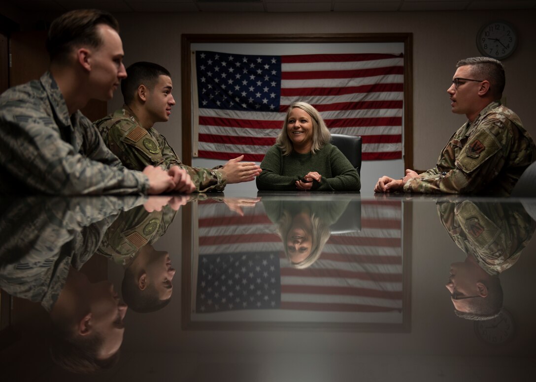 Members of the Wing Cyber Security Team, 4th Communications Squadron, participate in a weekly planning meeting at Seymour Johnson Air Force Base, North Carolina, Nov. 16, 2020.