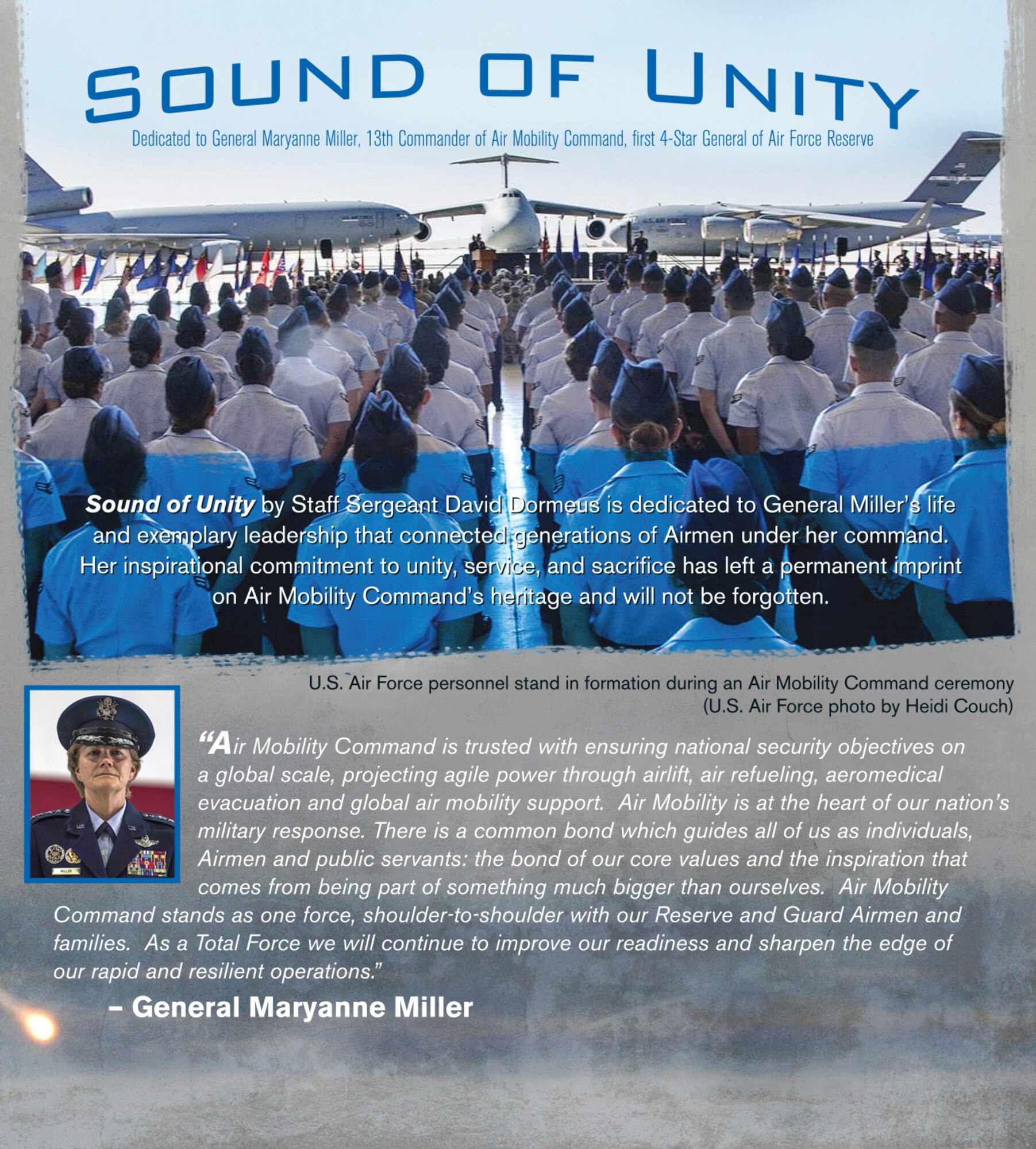 A page from the liner notes of the U.S. Air Force Band of the Golden West album “American Tapestry” highlights the composition “Sound of Unity.” The composition is dedicated to Maryanne Miller, a former four-star general and commander of Air Mobility Command who retired in October. Miller served as commander of the 349th Air Mobility Wing at Travis from January 2008 to November 2009. (U.S. Air Force graphic/Everett Rein)