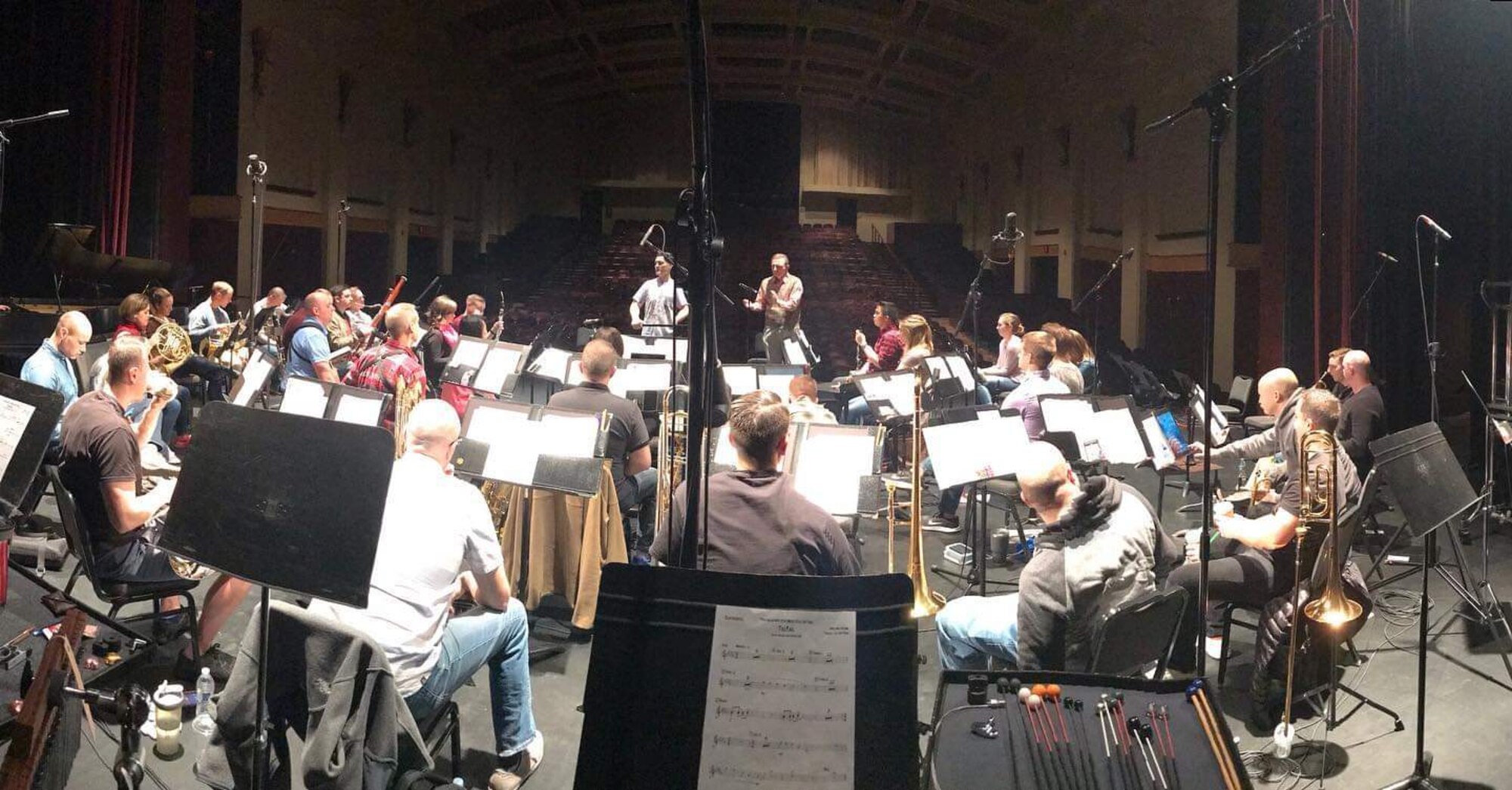 Members of the of the U.S. Air Force Band of the Golden West record the album “American Tapestry” in February 2020 at the Charlene Powers Lange Performing Arts Center Theatre in Lodi, California. “American Tapestry” is available from the band’s Facebook page at https://www.facebook.com/bandofthegoldenwest/. (Courtesy photo)