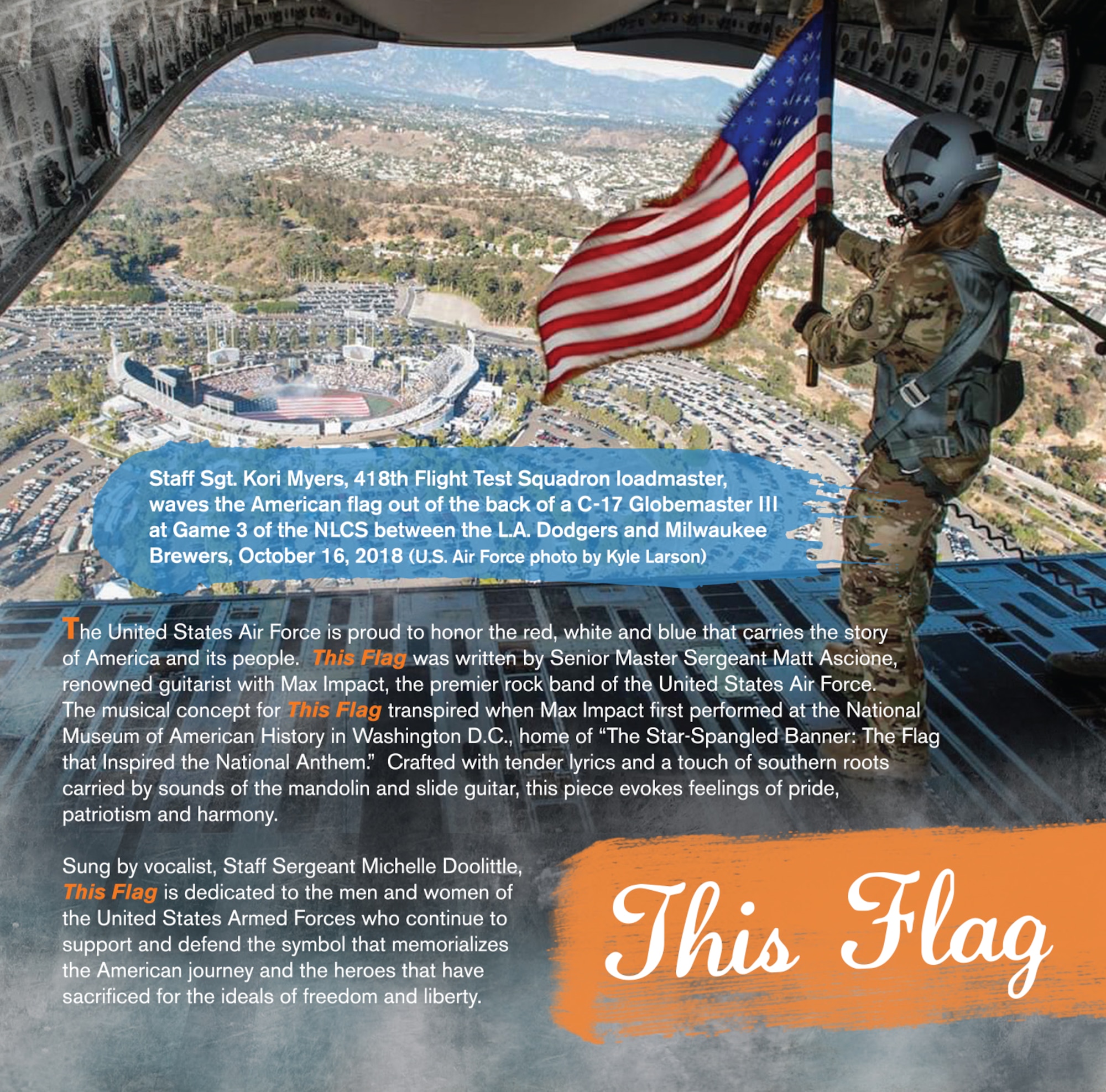 A page from the liner notes of the U.S. Air Force Band of the Golden West album “American Tapestry” highlights the composition “This Flag.” Senior Master Sgt. Matt Ascione, guitarist with Max Impact stationed at Joint Base Anacostia-Bolling in Washington, D.C., wrote the composition. Staff Sgt. Michelle Doolittle, U.S. Air Force Band of the Golden West vocalist, sings on the piece. (U.S. Air Force graphic/Everett Rein)